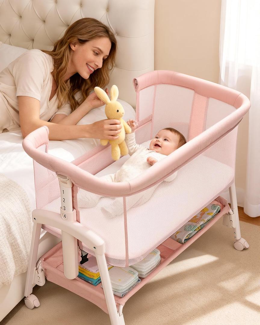 3 in 1 Baby Bassinet with Wheels, Bedside Bassinet Sleeper for Newborn, Portable Baby Crib with 7 Adjustable Height & Large Storage Basket & Full-Mesh, Easy Folding Baby Bed for Infant (Pink), Twin