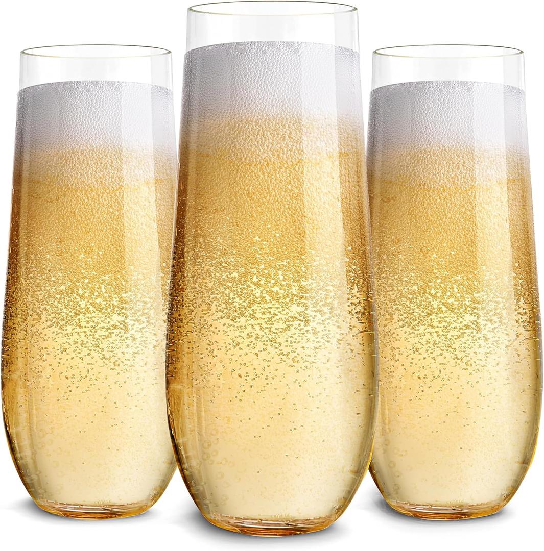 Stock Your Home Plastic Champagne Flutes Disposable, Unbreakable Stemless Mimosa Glasses Bulk for Brunch, Clear Cocktail Cups for Parties, Wine, Wedding Toast, Bridal Shower, 9 Ounce (12 Pack)
