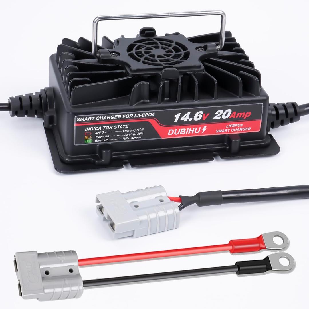 14.6V 20A LiFePO4 Battery Charger, Suitable for RV, Marine, and 12V LiFePO4 Batteries, with 50A Anderson Connector, Includes Anderson to M8 Ring Terminal Adapter, US Plug
