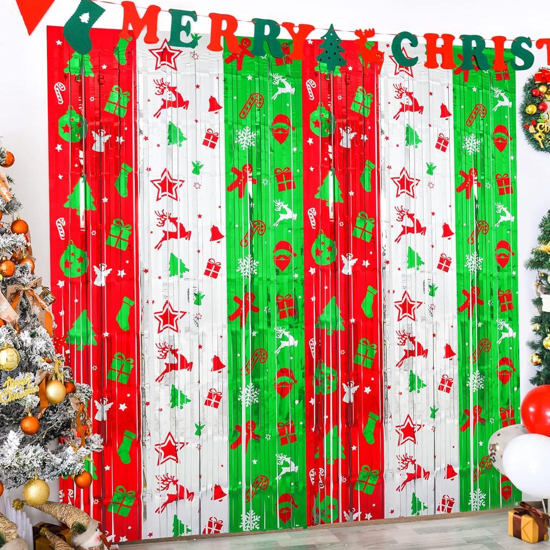 LOLStar Christmas Party Decorations, 2 Pack Christmas Pattern Foil Fringe Curtains 3.3 X 6.6 ft Red Silver Green Metallic Tinsel Photo Backdrop Streamers for Xmas Ugly Sweater Party Photo Booth Props