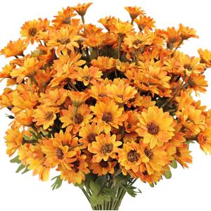 7 Bundles Fake Mums Artificial Fall Flowers for Outdoors Silk Daisy Floral Faux Mum Plants for Home Decor Indoor Outside Porch Pots Planters Potted Decorations (Orange)