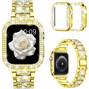 Mosonio Compatible with Apple Watch Band 38mm 40mm 41mm 42mm 44mm 45mm 46mm 49mm with 2 Pack Case Women, Jewelry Replacement Metal Bands Strap with Bling PC Protective Case for iWatch Ultra SE Series 11/10/9/8/7/6/5/4/3/2/1 (Gold)