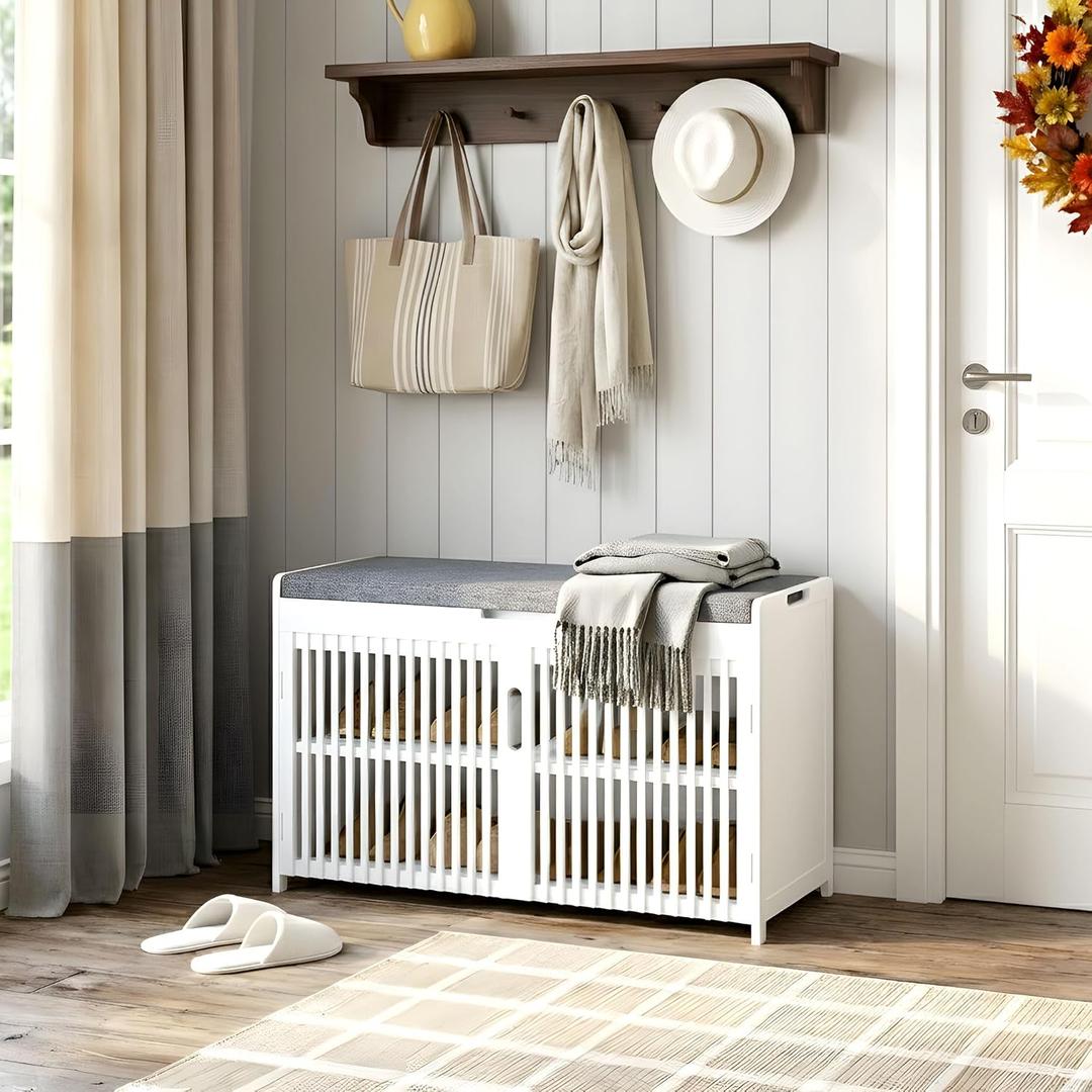 Shoe Storage Bench with Cushioned Seat 3-Tier Entryway Shoe Rack with Doors, Large