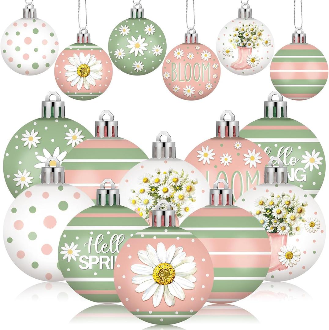 Silipull 24 Pcs Spring Ornament Bulk Daisy Flower Tree Decorations Pink Green Striped Polka Dot Balls Easter Spring Decorations for Home Small Tree Party Holiday Decor
