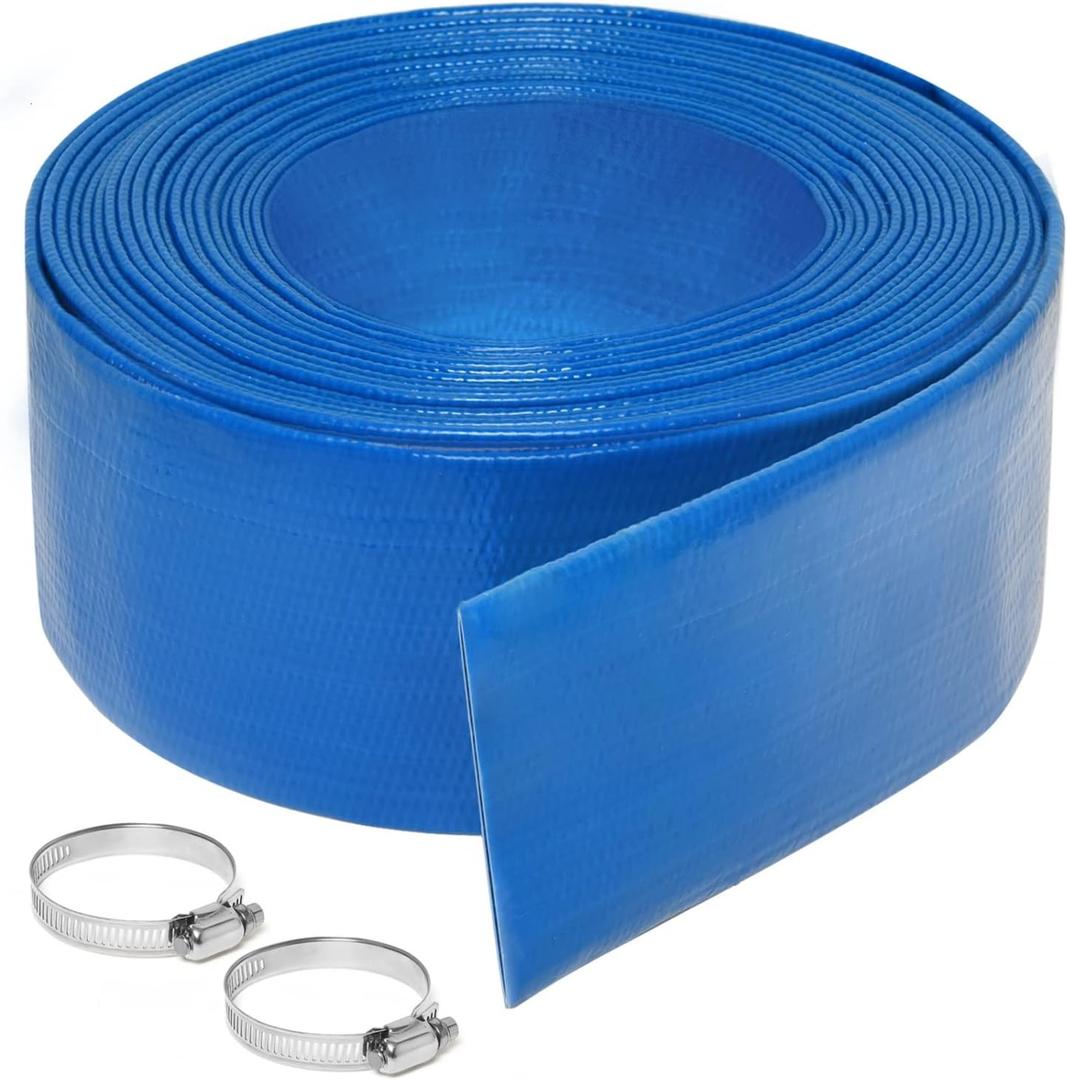 2 inches x 25 FT Heavy-Duty PVC Swimming Pool Backwash Hose, Reinforced Discharge Hose with Clamp for Swimming Pools, Blue