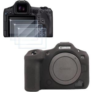 Camera Case for Canon EOS R5 Mark II, Soft Silicone Protective Cover + 3PCS Tempered Glass Screen Protectors, Anti-Scratch Shockproof Camera Accessories - Black (Black)