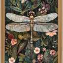Framed Vintage 3D Textured Wall Art - Dark Green Dragonfly Flowers Wall Decor - Hand Drawn Sandstone Nature Botanical Pictures for Living Room Bedroom Home Decor 16x24in (24L" x 16W")