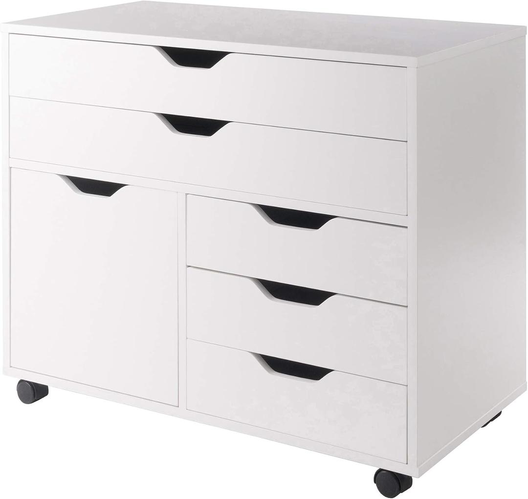 Winsome Halifax Mobile Storage Cabinet with 1 Door & 5 Drawers in White, Stylish & Functional Home Storage Cabinet for Filing, Kitchen Organization, Moveable Furniture for Office, Dorms, Apartments, 2 Large Drawer With 3 Small Drawer