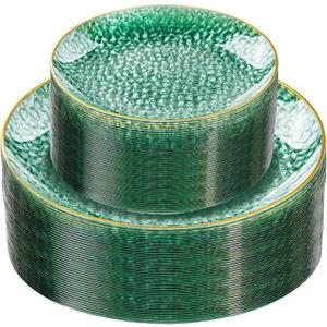 Rubtlamp 60 Green Plastic Plates, Hammered Clear and Gold Disposable Plates, Grenn Disposable Plates Include 30 Dessert Platos, 30 Dinner Platos for Party