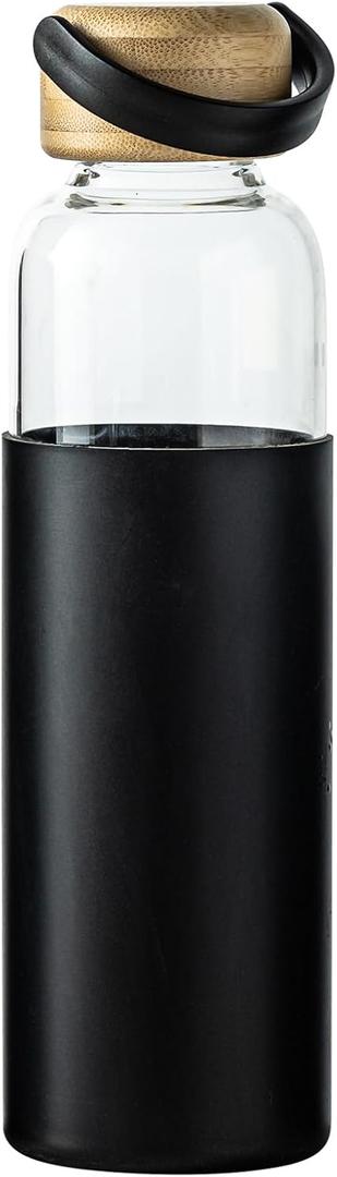 21oz Borosilicate Glass Water Bottles with Silicone Non-Slip Sleeve & Leak-Proof Lid-Reusable Drink Bottle for Office,Travel,Gym,Hiking-BPA Free,Ideal Gift for Home,Car &Fitness (Black)