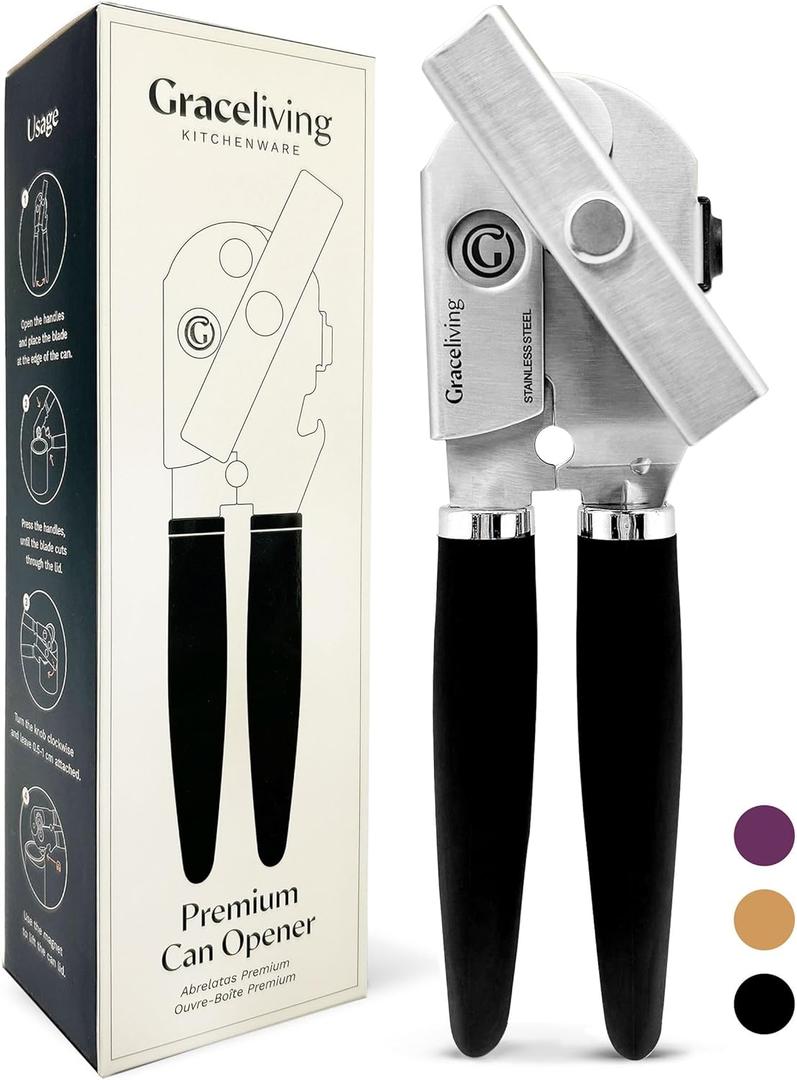 Premium Multifunction Magnetic Manual Can Opener and Bottle Opener, Heavy Duty Stainless Steel Sharp Cutting Blade and Oversized Easy Turn Knob, Soft-Touch Handle, Kitchen Use, Black