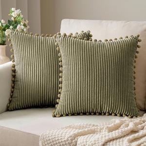 ANRODUO Pack of 2 Olive Green Boho Decorative Pillow Covers with Pom-poms Pillow Covers 18x18 Corduroy Cushion Case Cute and Soft Square Throw Pillows for Bed Couch Living Room Fall Home Decor
