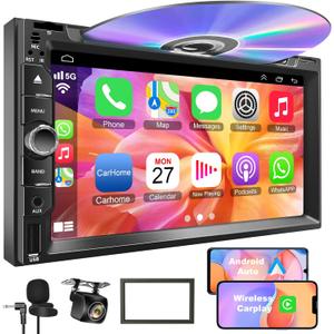 Double Din Car Stereo with CD/DVD Player, 7-Inch Touch Screen, Bluetooth 5.1, CarPlay/Android Auto, Backup Camera, USB/TF Card Slots, FM Radio, AUX Input