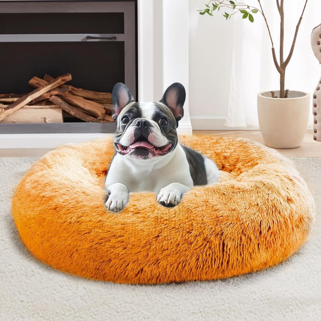 JOLLYVOGUE Calming Dog Beds Large Sized Dog, 36in Donut Washable Large Pet Bed, Anti-Slip & Anti-Anxiety Fluffy Faux Fur Round Dogs Bed, Fits up to 80 lbs Pets (Orange)