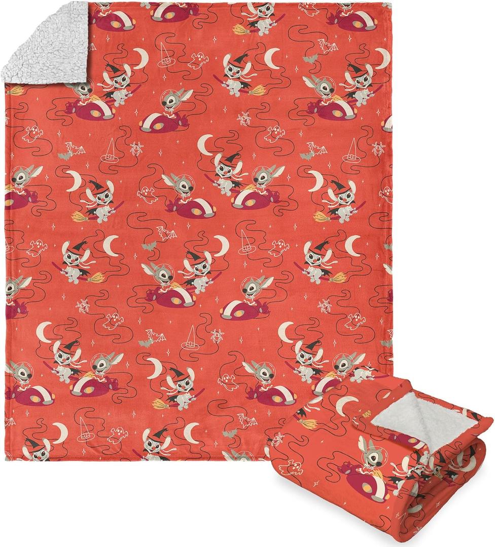 Disney Lilo and Stitch, Stitch Broom Ride, Silk Touch Sherpa Throw Blanket, 50 x 60 Inches
