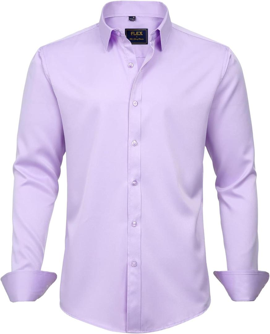 J.VER Men's Dress Shirts Solid Long Sleeve Stretch Wrinkle-Free Formal Shirt Business Casual Button Down Shirts (Purple, L)