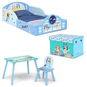 Delta Children - Bluey 4-Piece Toddler Room-in-a-Box Set  Includes Sleep and Play Toddler Bed, Table, 1 Chair and Fabric Toy Box, Blue