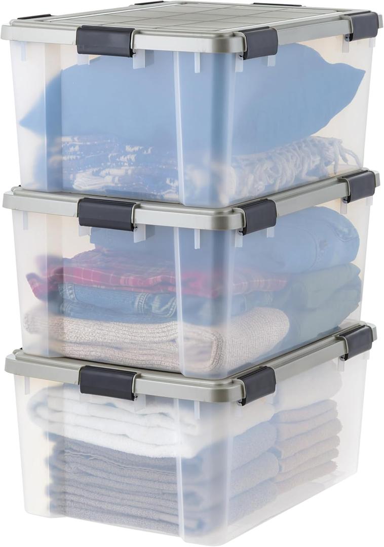 IRIS USA 60 Qt Storage Bins with Gasket Seal Lid, 3 Pack - BPA-Free, Heavy Duty Moving Containers Tight Latch, Weather Proof Tote, WEATHERPRO - Clear/Chrome