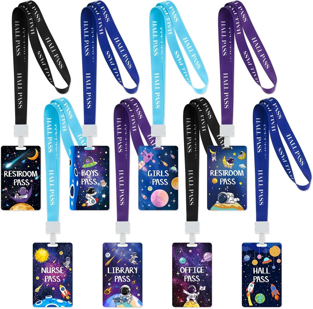 8 Set PVC Hall Pass Lanyards Outer Space Unbreakable Hall School Passes Teacher Supplies for Classroom Elementary Middle School Bathroom Library Office Nurse
