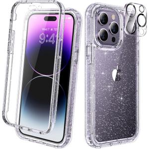 Diaclara Designed for iPhone 14 Pro Max Case 6.7 [2023 Upgraded], Full Body Rugged Case w/Built-in Touch Sensitive Anti-Scratch Screen Protector+9H Glass Camera Lens Protector(Clear Glitter)