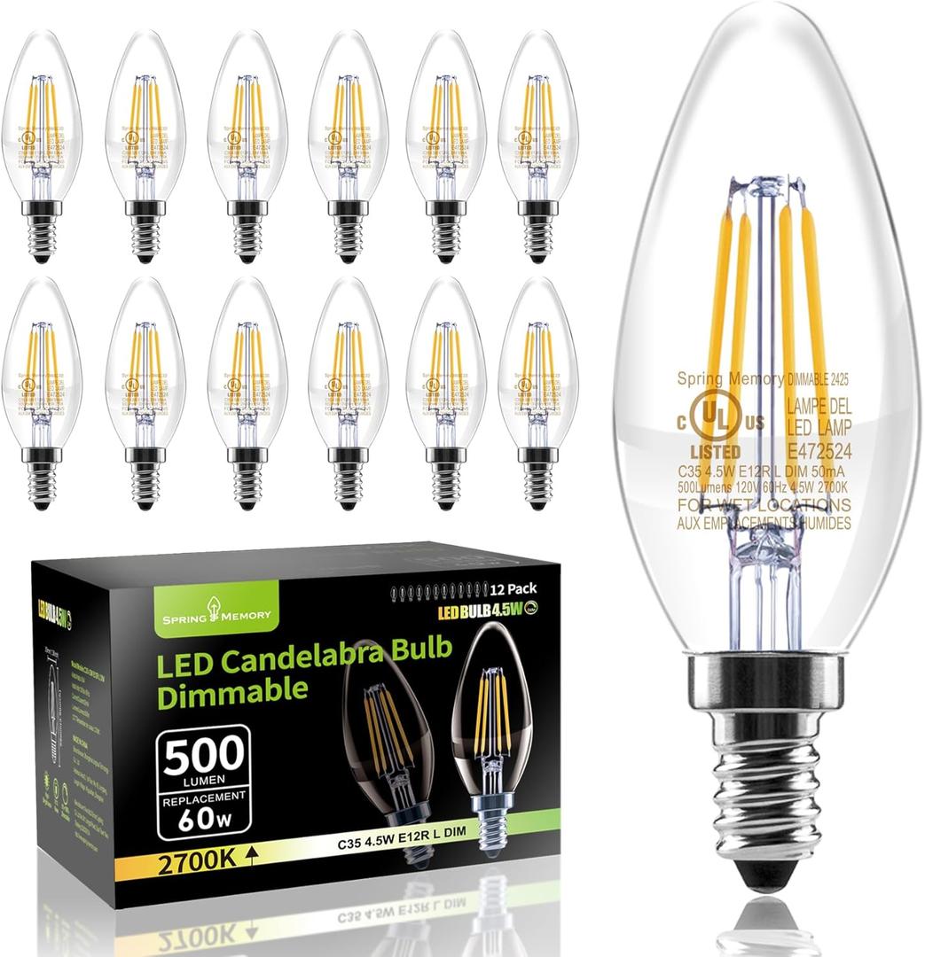 12 Pack E12 Dimmable 60W Equivalent LED Chandelier Light Bulbs, 4.5W Clear 2700K Soft Warm White 500LM B11 Vintage Filament Candle Light