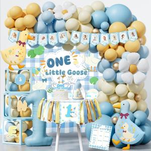 One Little Goose Birthday Party Decorations,Goose 1st Birthday Party Decorations, Little Goose First Party Supplies Backdrop Balloon Garland Cake Topper Balloon Box for One Year Old Boy