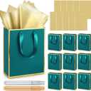 Yeaqee 10 Pack Metallic Paper Gift Bags with Handle Tissue Paper Thank You 5 Senses Gift Bag for Birthday Wedding Baby Shower Groomsmen Bridal Graduation Party Favor 9 x 7 x 3.15''(Turquoise,Gold)