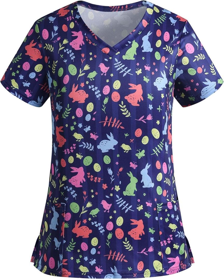 Easter Scrub Tops Women Stretchy Vneck Short Sleeve Cute Bunny and Eggs Printed Nurse Working Uniforms with 2 Pockets (Blue, M)