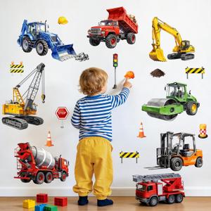 Construction Vehicle Wall Decals - Truck Excavator Crane Mixer Kids Room Decor Stickers for Boys, Removable Vinyl Wall Art for Kids Bedroom Living Room Baby Nursery Playroom Classoom