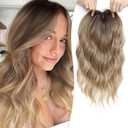 PANEWAY 16Inch Wavy Curly Brown Blonde Hair Topper with Dark Root - Clip In Hair Topper for Women