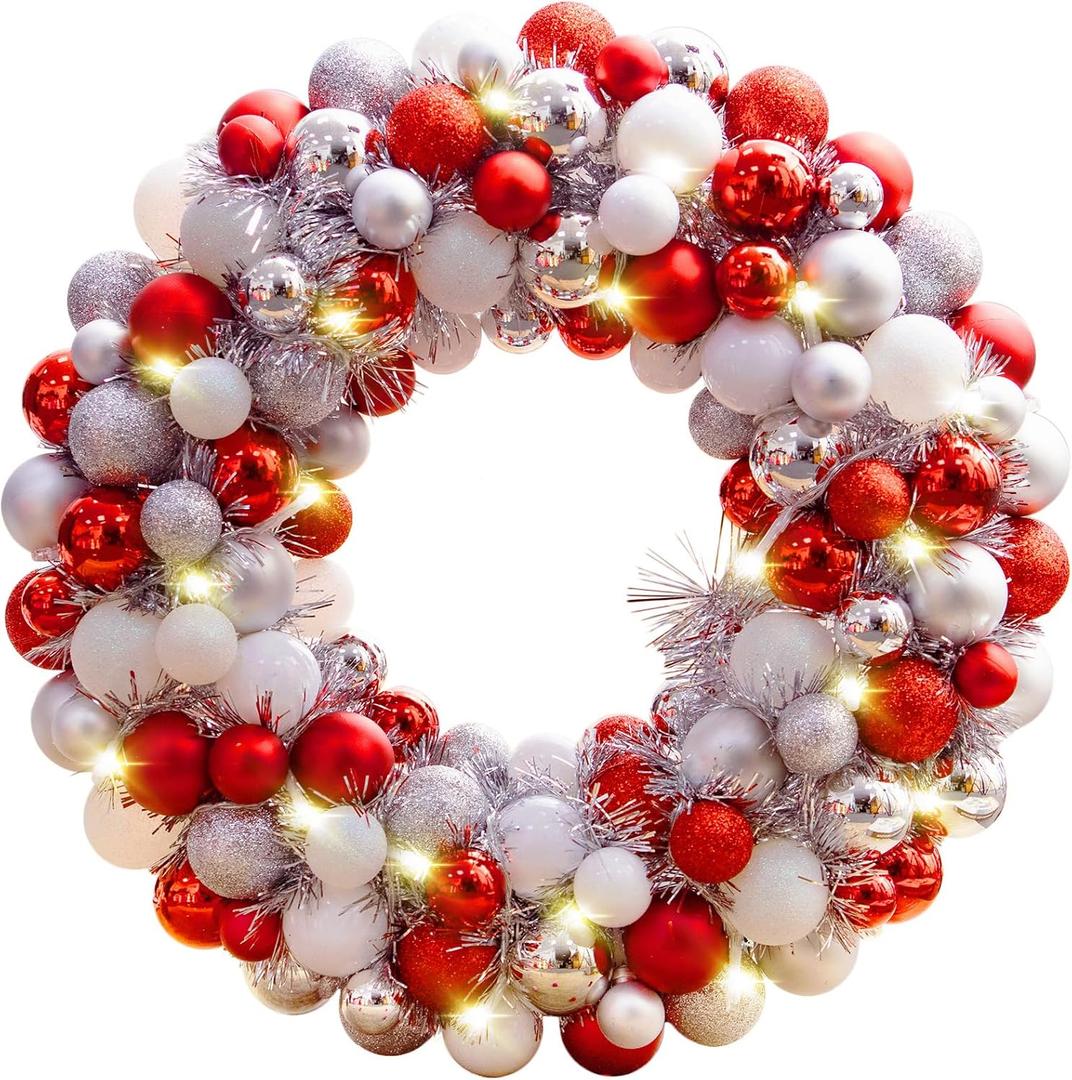 Amooca 16in Christmas Ball Wreath with LED Lights Front Door Window Decorative Hanging Ornaments Table Centerpiece Holiday Party Home Decoration Red White Silver