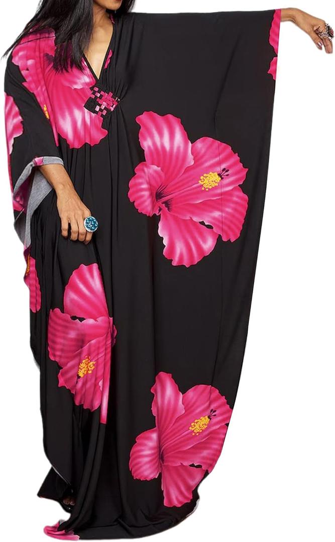 Bsubseach Moo Moos Kaftan Dresses for Women Floral Print Swimsuit Coverup Caftan Maxi Beach Dress with Pockets (Pink), ONE SIZE