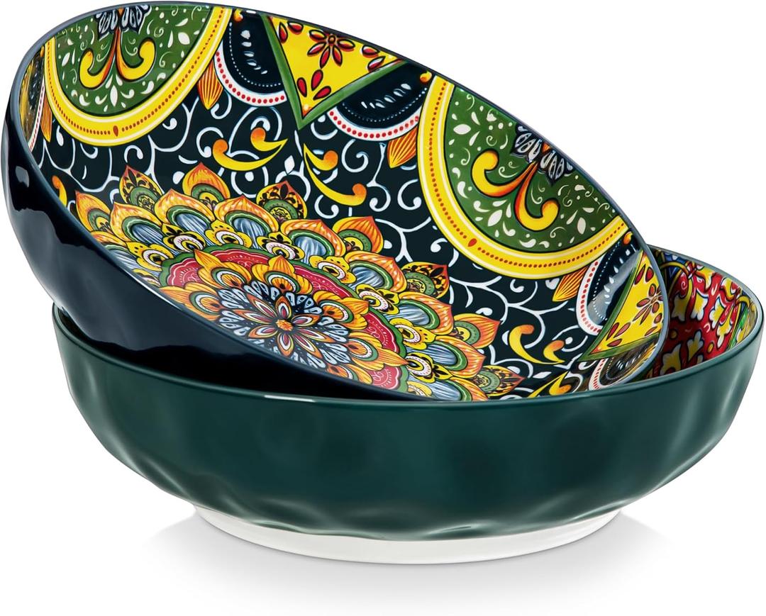 vancasso Large Serving Bowls, 78 Oz Extra Large Salad Bowls Set of 2, Bohemian Decorative Bowls for Salad, Fruit, Pasta and Dinner, Serving Dishes Set for Party, Dishwasher & Microwave SafeGreen