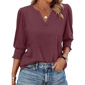 XIEERDUO Blouses for Women Dressy Casual 3/4 Length Sleeve Womens Tops with Smocked Cuffs (P-Burgundy, XXL)