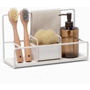 LIBKEN Kitchen Sponge Holder with Drying Stone Warm Grey Powder Coated Metal Sink Caddy Minimal Scandinavian Design Sponge Rack for Kitchen Sink Organization & Elegant Countertop Storage
