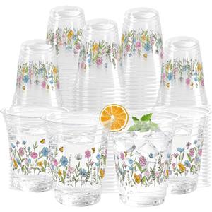 100 Pcs Wildflower Clear Cups 12 oz Plastic Flowers Disposable Drinking Cups Bulk for Spring Groovy Party Floral Baby Shower Birthday Supplies