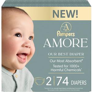 Pampers Amore, Size 2 (10-22 lbs), 74 Count, Our Best Diaper – Hypoallergenic & Fragrance Free, Up to 100% Leakproof, Soft as Cashmere