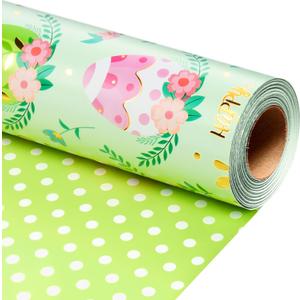 MAYPLUSS Easter Wrapping Paper Roll, Floral Easter Gift Wrapping Paper Featuring Gold Egg Reversible Polka Dot for Kids Girls Boys