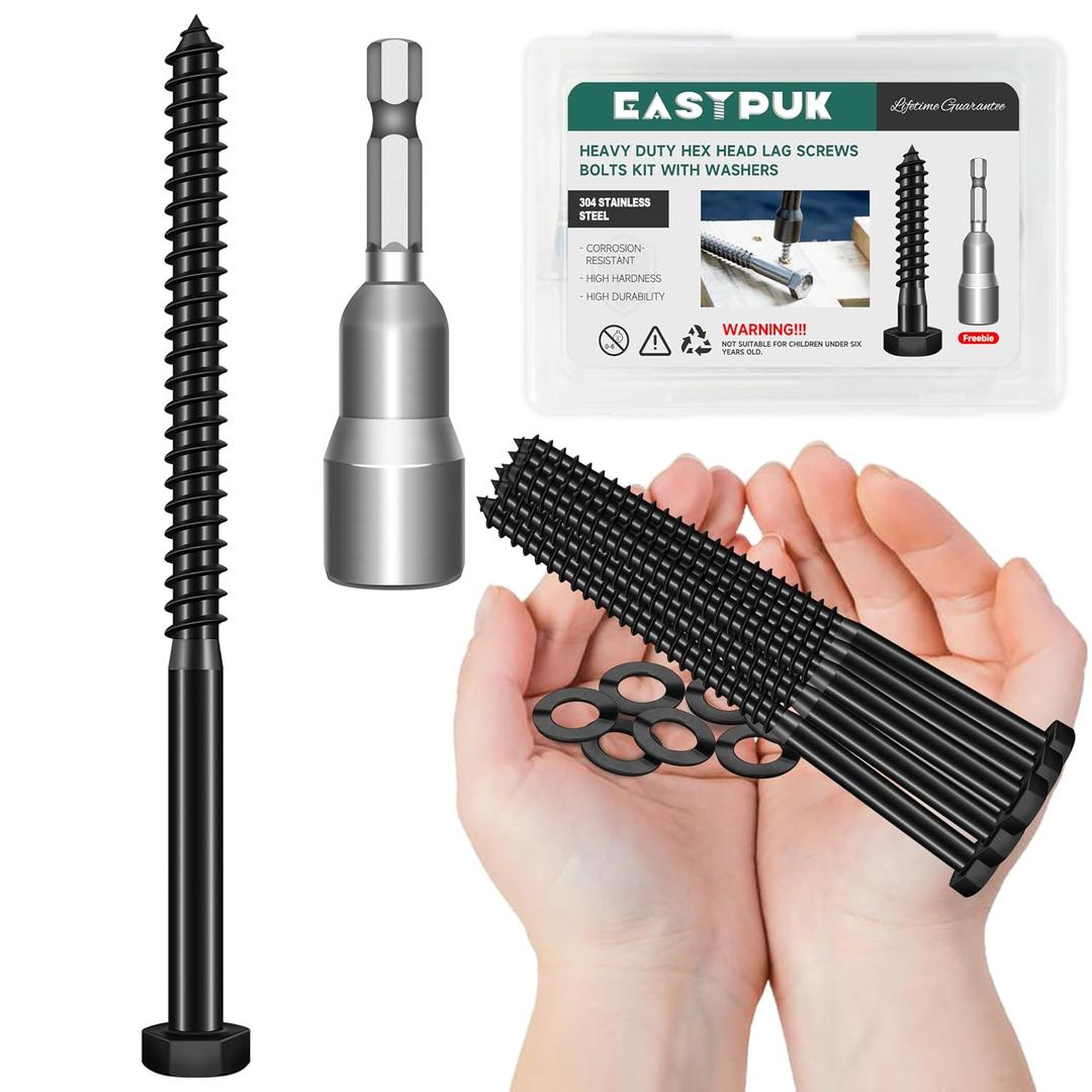 (8Sets) 3/8" x 6" Hex Head Lag Bolts, Heavy Duty Lag Screws with Washers, 304 Stainless Steel, 3/8 Bolt for Wood, Partial Thread, Black Oxide