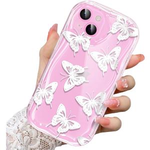 2 x Compatible for iPhone 14 Case, Pretty Butterfly Print Three-Dimensional Wave Clear Case for Girls Women, Soft Full Package Anti-Fall Cover for iPhone 14, White Butterfly