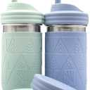 Elk and Friends 14oz Stainless Steel Kids + Toddler Drinking Cups | The Original Mason Jar with Sleeves + Lids | Silicone Straws | Smoothies | Storage Jar | Spill Resistant | Dishwasher Safe | 2 Pack (Misty Blue/Sage)