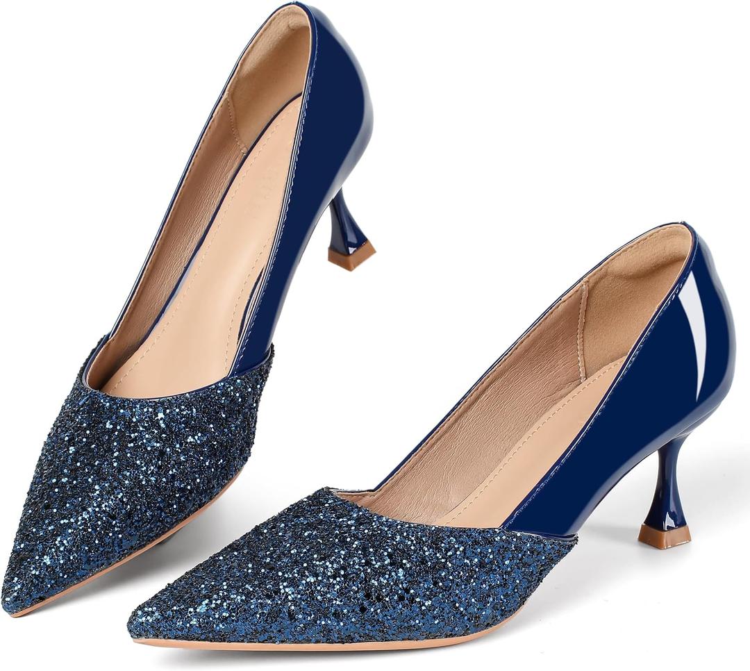 Women's Kitten High Heels 2 Inch Sequin Pointed Toe Leather Pumps Comfortable Slip On Wedding Party Dress Stilettos Shoes, Blue Glitters, US 10