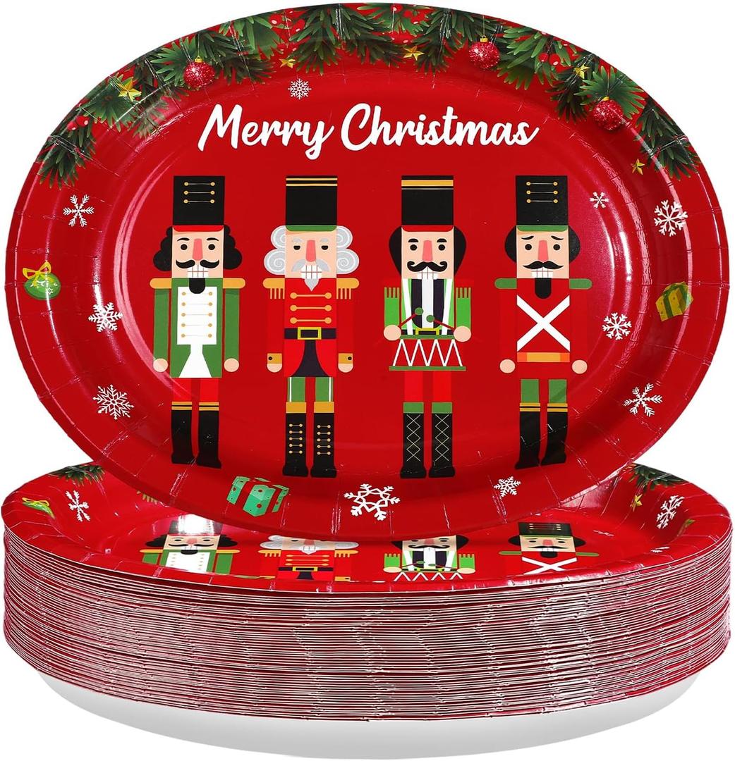 50Pcs Christmas Nutcrackers Oval Paper Plates 10" x 12" Large Heavy Duty Disposable Red Christmas Nutcracker Dessert Plates Xmas Holiday Dinner Plate for Winter Birthday Baby Shower Party Supplies