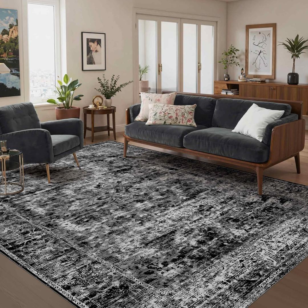 OHWPEAT Area Rugs 5x7, Washable Black Rugs for Living Room, Bedroom, Vintage Boho Indoor Soft Carpet for Dining Room, Low Pile Rugs for Office, Farmhouse