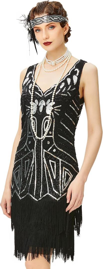 BABEYOND Women's Flapper Dresses 1920s V Neck Beaded Fringed Great Gatsby Dress (Black, L)