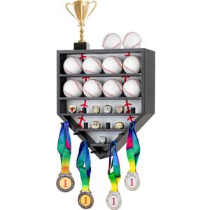 Baseball Balls Display Case with Championship Rings Medals Holder, Solid Wooden Wall Mount Baseball Box for Balls, Rings, Medals, Trophies Collection Black