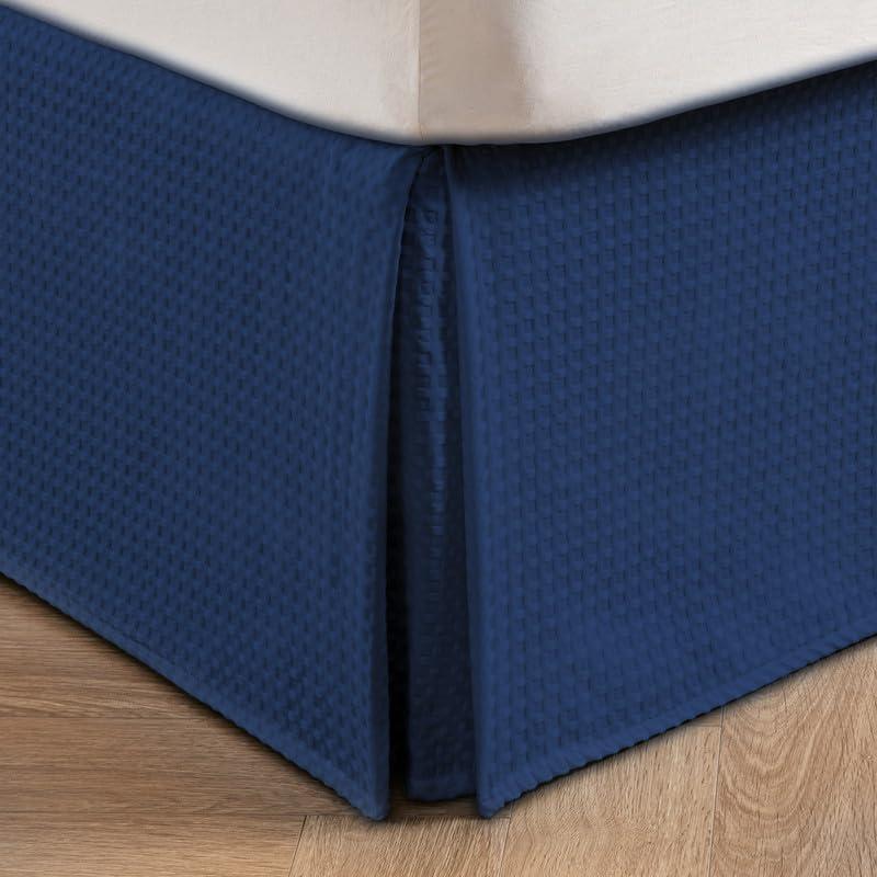 MIYE Pleated Waffle Weave Bed Skirt, Tailored Dust Ruffle 12 Inch Drop Easy Fit, Machine Washable (Navy Blue, Queen - 12" Drop)