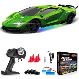 Remote Control Car RC Drift Car 2.4GHz 1:24 4WD 15KM/H High Speed Racing Sport Car with LED Lights Drifting Tire Racing Sport Toy for Adults Boys Girls Kids Gift 2Pcs Rechargeable Batteries, 7x3x2 inches