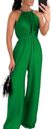 CHICME Women's Sexy Halter Jumpsuits Sleeveless Casual Ruched Rompers Wide Leg Jumpsuit M