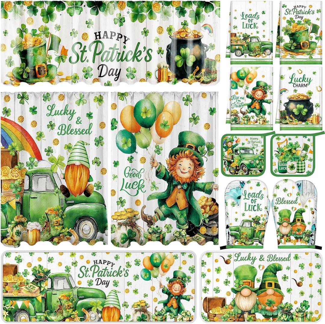 13 Pcs St. Patrick's Day Kitchen Decor Set 3 Shamrock Kitchen Curtains Valance 2 Irish Rugs and Mats 4 Hand Towels 2 Pot Holders 2 Oven Mitts for Home Decor Cooking Grilling Housewarming Gift